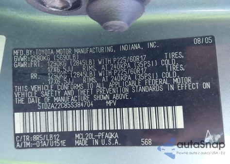 2005 Toyota Sienna Xle Limited z USA, uszkodzony, nr VIN 5TDZA22C85S384704